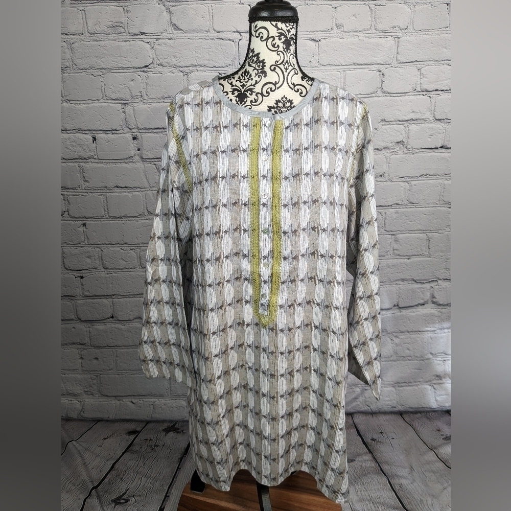 Sigrid Olsen women's long sleeve geo print 1x top 100% linen NWT 1/2 button b18